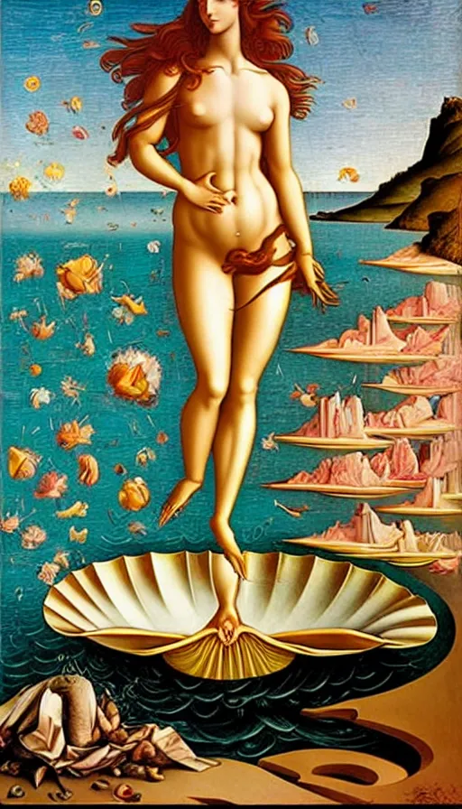 Image similar to the birth of venus, italian futurism, da vinci, dan mumford, josan gonzalez
