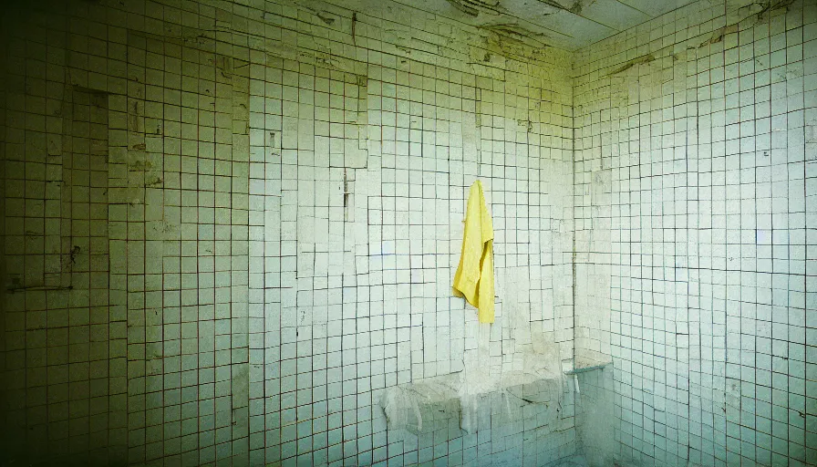 Image similar to 60s movie still of a sovietic stalinist style empty clean prison shower with yellow tiles, cinestill 800t 50mm eastmancolor, liminal Space style, heavy grain