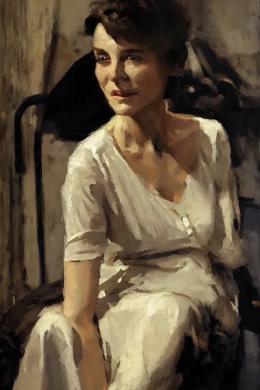 Image similar to portrait of your mother in a darkened room, painted by tom lovell frank schoonover dean cornwell mandy jurgens everett raymond kinstler, photorealism, hd, detailed