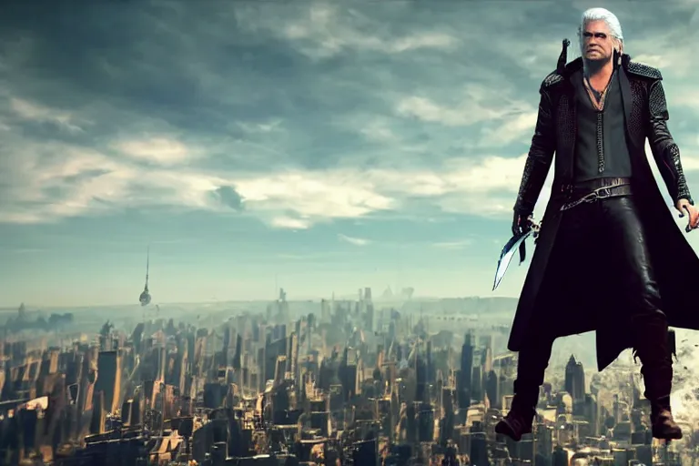 Prompt: vfx movie closeup suave handsome grinning vampire with long white hair, trench coat, dual wielding large revolvers, leaping into the air, low gravity in a shattered reality of new york city, cool aviators witcher devil may cry by emmanuel lubezki