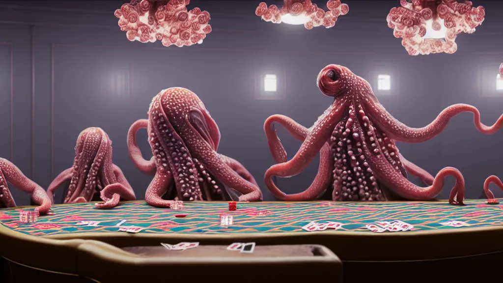 Image similar to hyperrealism simulation highly detailed human octopuses'wearing transparent jackets, playing poker in surreal scene from art house movie from future by wes anderson and denis villeneuve rendered in blender and octane render