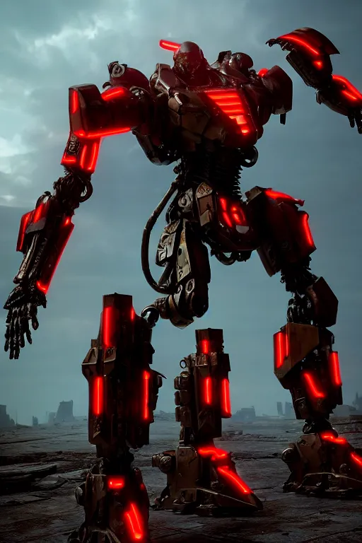 Image similar to a cinematic still from ruin city, full body red mech, armored core, intact humanoid servo, octane render, nvidia raytracing demo, masterpiece, aged armor plating, decipticon armor plating, aggressive head, endoekeleton exposure