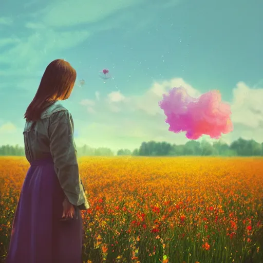 Prompt: woman with a flower face standing in flower field, surreal photography, photo manipulation, sunrise, impressionism, colorful clouds, artstation, simon stalenhag