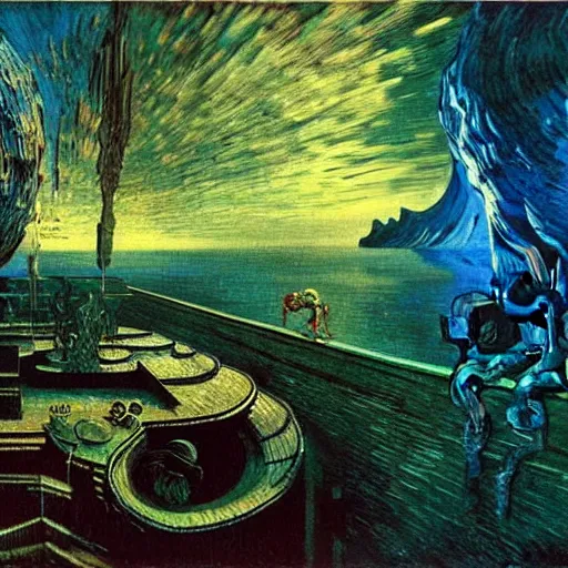 Prompt: A mean thief steals two expensive and fresh NVIDIA GPUs - contest-winning artwork by Salvador Dali, Beksiński, Van Gogh, Giger, and Monet. Stunning lighting