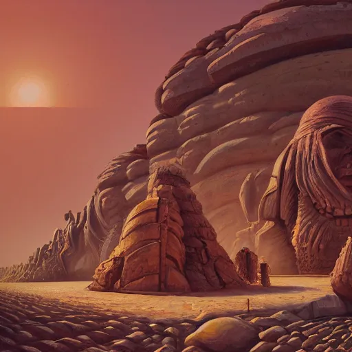 Prompt: beautiful painting of ancient colossal heads towering over wanderers in a desert of salt in the style of Simon Stålenhag and H. R. Giger, detailed, trending on Artstation