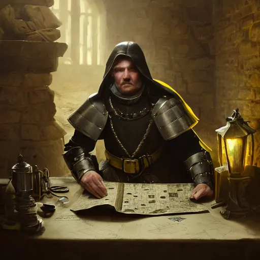 Prompt: Closeup of frustrated and acerbic male medieval sergeant with no beard wearing a {black and yellow tabard} over a steel breastplate and a black gambeson looking at a map on a table, intricate, dramatic lighting illustration by Greg Rutkowski, {perfect face}, {perfect eyes}, fantasy