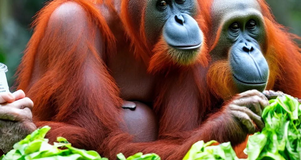 Image similar to a orangutan eating a big mac, holding a drink in its hand