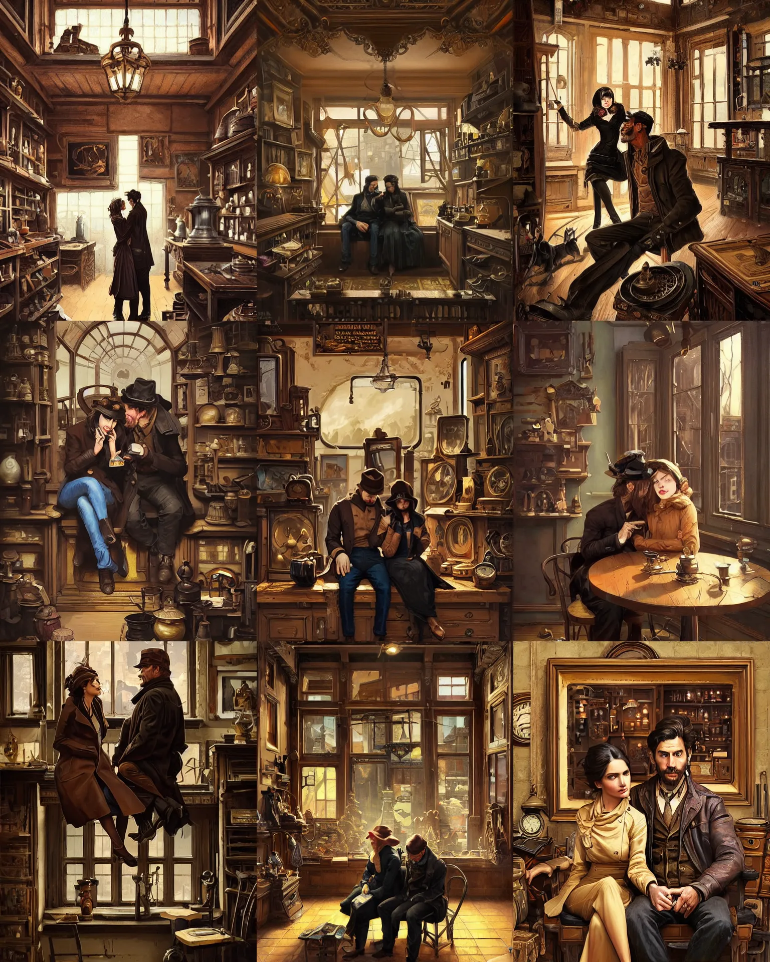 Prompt: brown black coat couple sitting in the old antique shop, extreme view angle, deep focus, turnaround, pulp art, fantasy, intricate, elegant, highly detailed, digital painting, artstation, concept art, matte, sharp focus, illustration, hearthstone, art by rhads and artgerm and greg rutkowski and alphonse mucha.