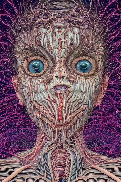 Prompt: Metamorphosis, Conjuring Psychedelic Illustration by Shintaro Kago, ultra realistic, highly detailed, beautiful detailed intricate insanely detailed octane render trending on Artstation, symmetrical, grotesque, 8K artistic photography,