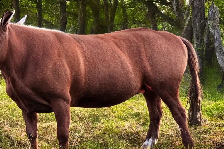 Prompt: a horse bull!!! hybrid! hyper realistic!! realistic lighting!! wildlife photographer of the year!!! bold natural colors, national geographic, hd, wide angle, 8 k