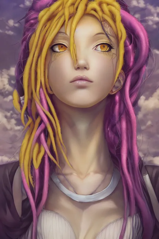 Image similar to portrait of an anime manga girl with floating yellow snake dreads, straight on, by artgerm, james jean, tom bagshaw, gerald brom, vaporwave colors, lofi colors, vaporwave, lofi, goth vibe, 4 k, smooth, hd, substance designer render, full body character concept art, symmetrical,