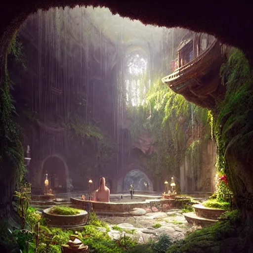 Image similar to bathhouse hidden in a cave, natural light, lush plants and flowers, elegant, intricate, fantasy, atmospheric lighting, by Greg rutkowski