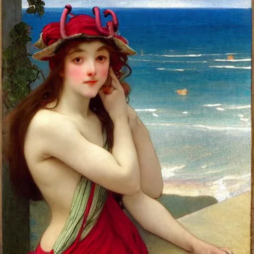Prompt: A girl with jester hat and clothes on the front of a Balustrade with a beach on the background, major arcana clothes, by paul delaroche, alphonse mucha and arnold böcklin arnold böcklin hyperrealistic 8k, very detailed