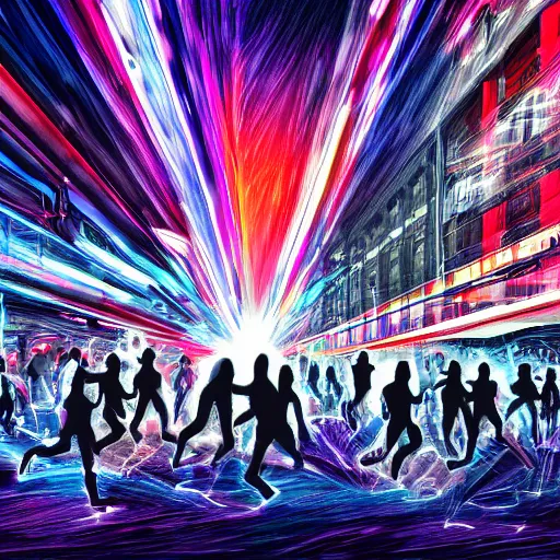 Image similar to landscape of people running away scared from crypto logos standing in the city, digital drawing, beautiful lightning, sharp colors, hyper - detailed, hdr, 8 k