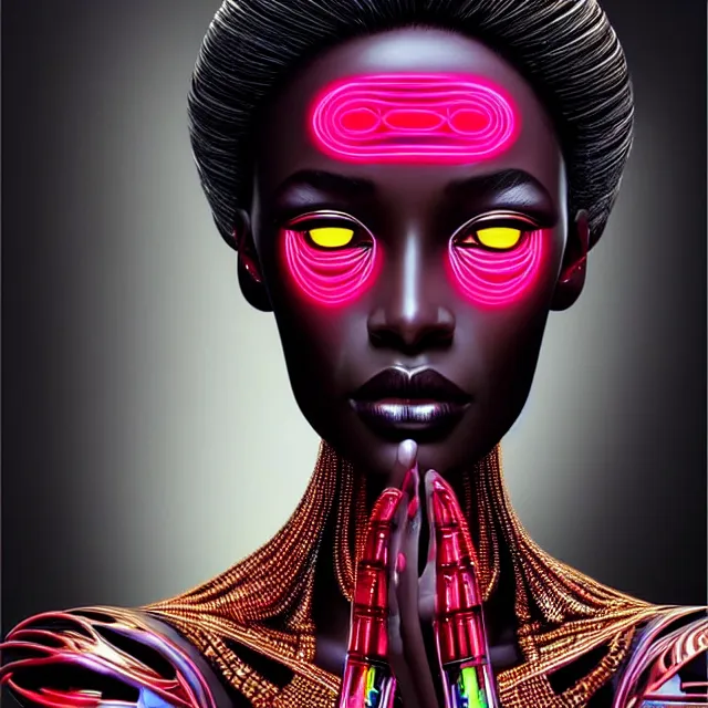 Image similar to african supermodel woman turning into an android portrait, dark surrealism, scifi, intricate, ornate, elegant, sharp eyebrows, platinum hair, highly detailed cybernetic body, neon glowing eyes, digital painting, artstation, concept art, smooth, sharp focus, illustration, art by artgerm and moebius and alphonse mucha