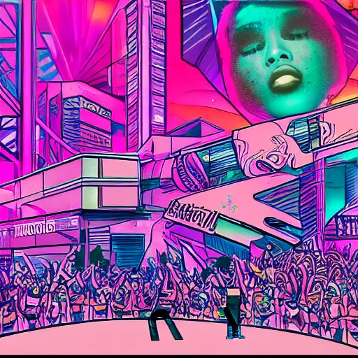 Image similar to superstar raps for wild crowd, hip hop, vaporwave, abstract, neon, detailed, illustrated by Liechtenstein, 4k
