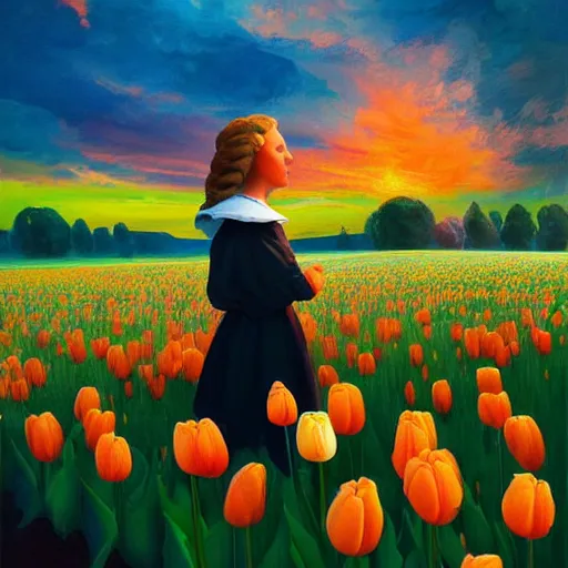 Image similar to giant tulip head dutch girl, surreal photography, flower field, sunset dramatic light, impressionist painting, colorful clouds, blue sky, digital painting, artstation, simon stalenhag