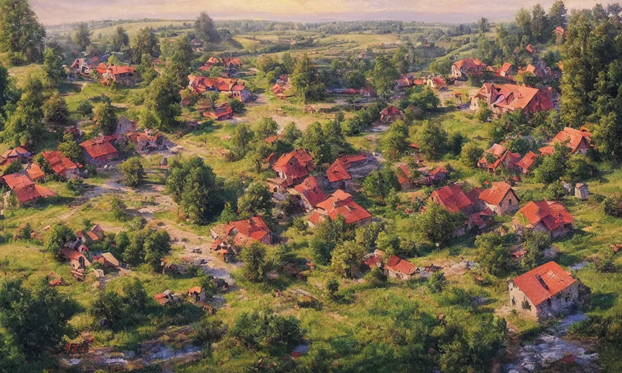 Image similar to a beautiful view of a peaceful village in ukraine. art by denys tsiperko and bogdan rezunenko, hyperrealism