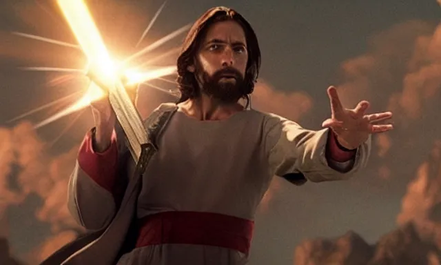 Image similar to jesus christ fighting alongside the avengers, using his cross as weapon, photorealistic, cinematic lighting, extremely detailed, marvel cinematic universe