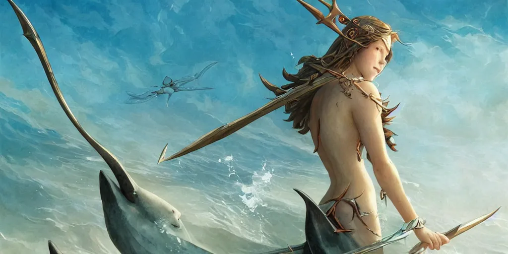 Prompt: close up of a beautiful shark tooth girl holding a trident on the horizon, model pose, slightly smiling, big wave, big blade whale fighting against thorn sharks on the background, fantasy illustrations, by peter mohrbacher and makoto shinkai and ferdinand knab