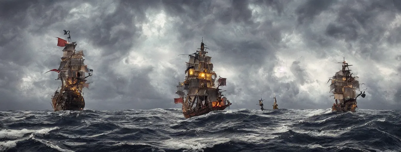 Image similar to pirate ship in the middle of the ocean, thunderstorms