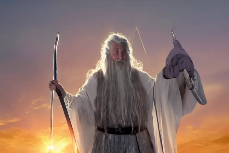 Image similar to portrait of Gandalf dressed as hello kitty, smiling warmly, sunrise, movie still from Lord of the Rings, cinematic