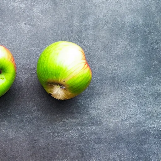 Image similar to pair of scales with one apple in one side and one onion in the other