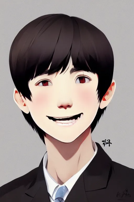 Prompt: a headshot of a very happy yoongi gummy smile - short black hair wearing male school uniform, sharp focus, illustration, morandi color scheme, art station, high detailed, by ilya kuvshinov, gorillaz art