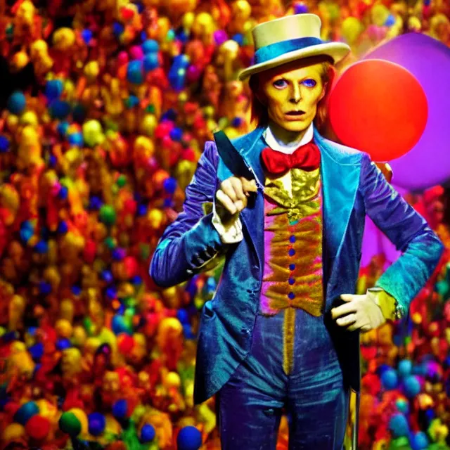 Prompt: stunning awe inspiring portrait of david bowie playing willy wonka, movie still 8 k hdr atmospheric lighting, highly detailed