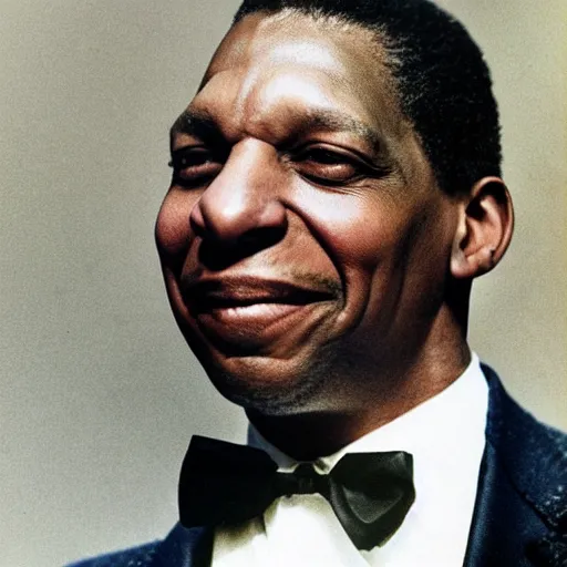 Prompt: realistic photo of old john coltrane at age 7 6, smiling, vintage colorized photo