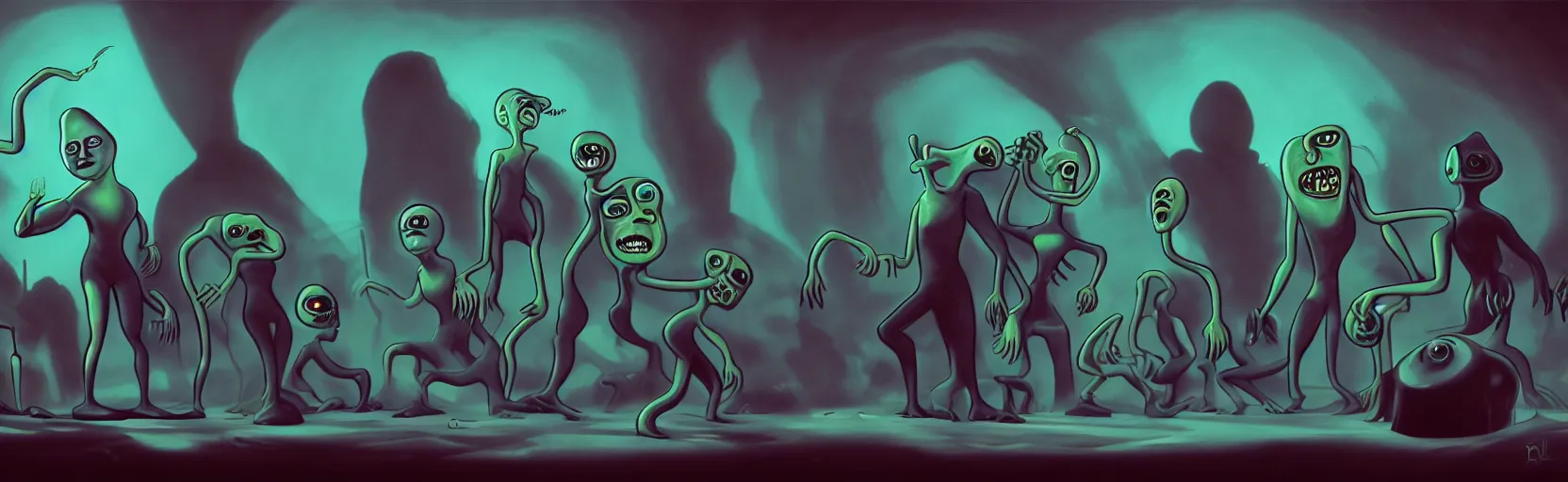 Image similar to uncanny repressed mutants from the depths of a vast wasteland in the collective unconscious, dramatic lighting, surreal dark 1 9 3 0 s fleischer cartoon characters, surreal painting by ronny khalil