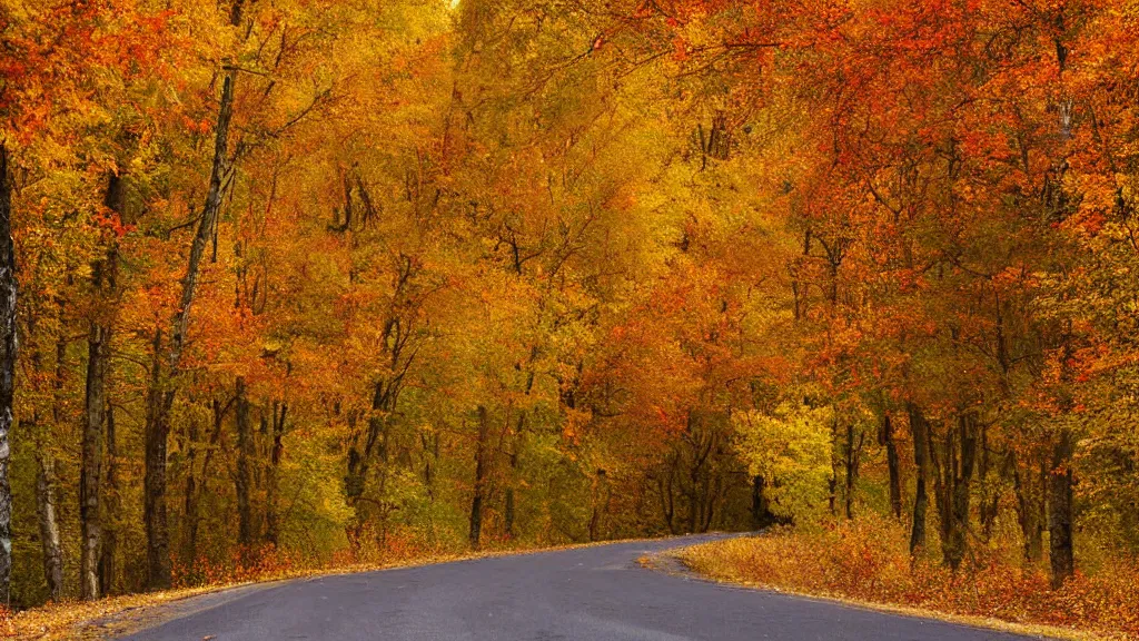 Prompt: a realistic photograph of a country road lined on both sides by maple and poplar trees, in the autumn, red orange and yellow leaves, some leaves have fallen and are under the trees and on the!!!! road