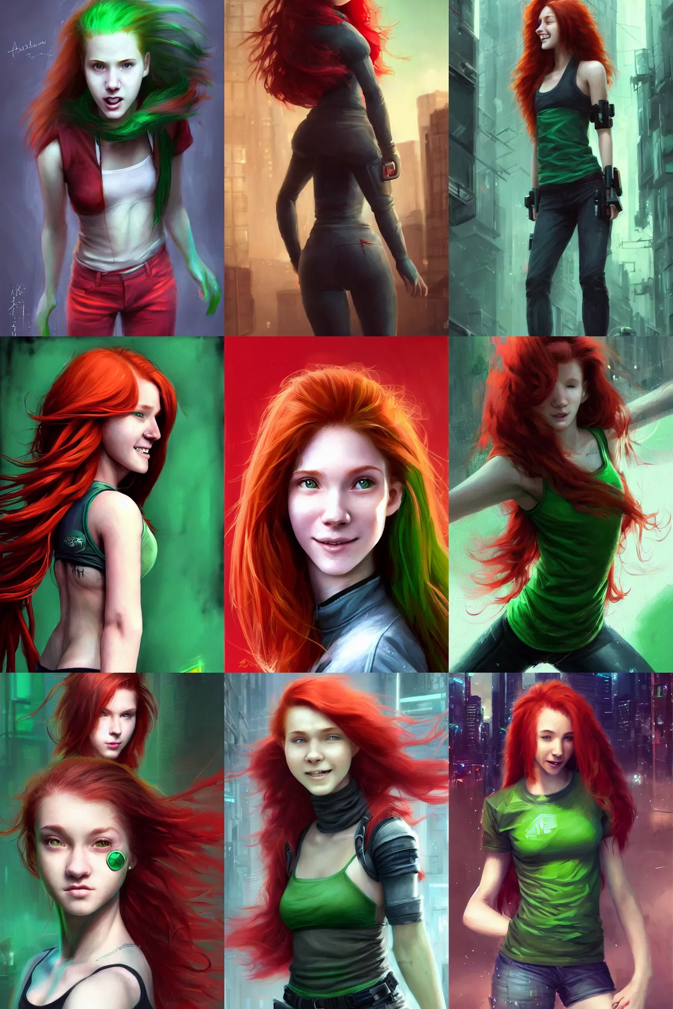 Prompt: beautiful cute athletic red haired eighteen year old young woman standing up, casual green clothing, long hair, cyberpunk city, attractive smiling face, dramatic pose, rpg character, sci - fi, intricate, elegant, digital painting, artstation, concept art, smooth, 8 k frostbite 3 engine, ultra detailed, art by artgerm and greg rutkowski and magali villeneuve