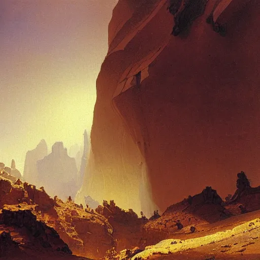 Prompt: an oil painting of a cracked and dry canyon on an alien planet with the sun breaking through clouds by carl spitzweg and tuomas korpi