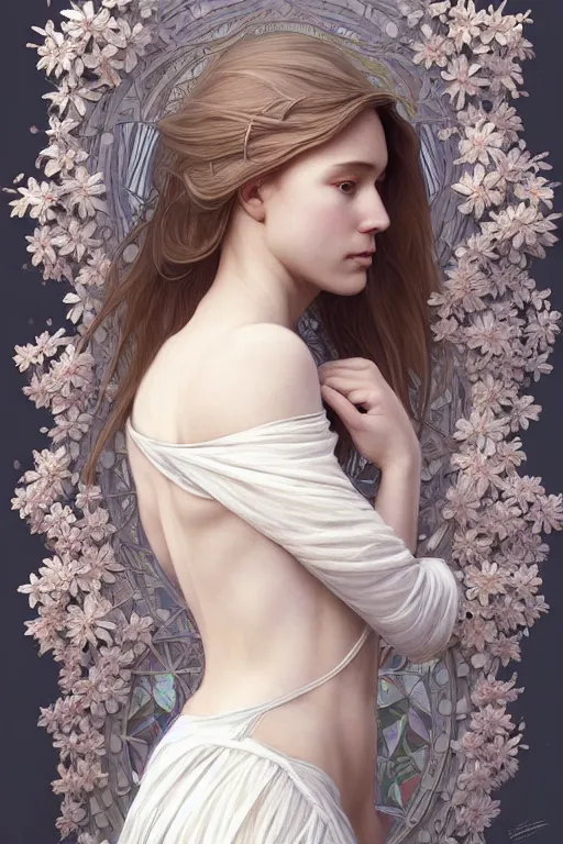 Image similar to symmetry!! full body portrait!!!! of a beautiful!!!! delicate elegant nordic shield maiden, pretty face!!!!, flower petals, intricate, elegant, highly detailed, digital painting, artstation, concept art, smooth, sharp focus, illustration, art by artgerm and greg rutkowski and alphonse mucha, 8 k