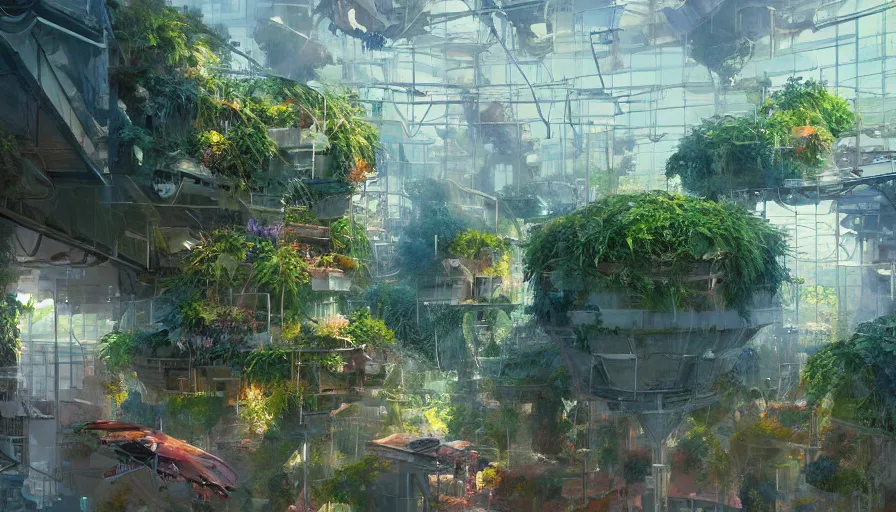 Image similar to craig mullins and ghibli digital illustration vertical farms and hydroponics under a force field dome, colorful, unreal engine, hyper realism, realistic shading, cinematic composition, realistic render, octane render, detailed textures, photorealistic, wide shot