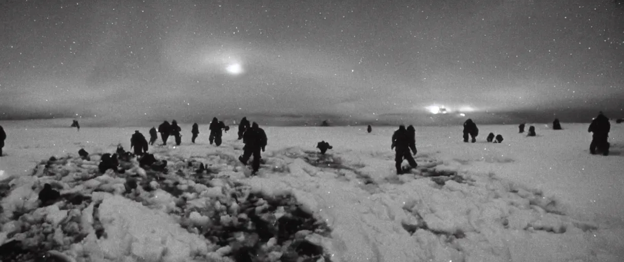 Prompt: filmic extreme close up shot movie still 4 k uhd exterior shot 3 5 mm film color photograph of a terrifying crowd of people being attacked by other people with tentacles and blood faces around mcmurdo station in antarctica at night with the northern lights lighting up the sky, only color images, in the style of the horror film the thing 1 9 8 2