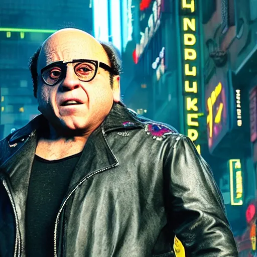 Prompt: Danny devito as character in cyberpunk 2077