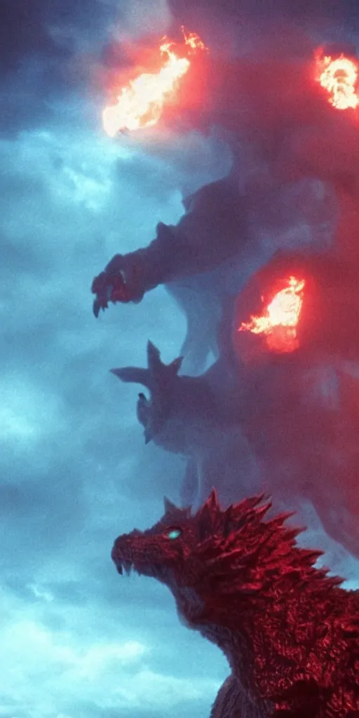 Image similar to low - resolution filmstill of a kaiju monster, fog, smoke, fire, red and blue hues, thriller, underdeveloped, flare, epic, dramatic