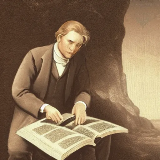 Image similar to joseph smith with his face in a hat reading book of mormon through the urum and thummum