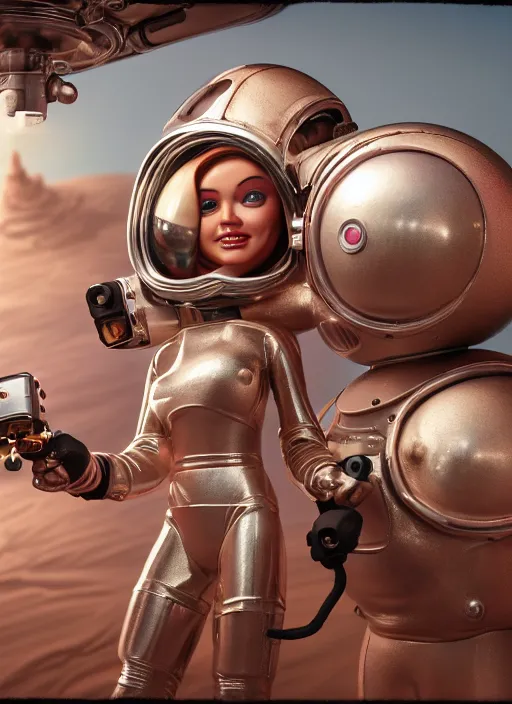 Image similar to highly detailed closeup, portrait of a tin toy bikini spacegirl in a spaceship on mars, unreal engine, nicoletta ceccoli, mark ryden, earl norem, lostfish, global illumination, detailed and intricate environment