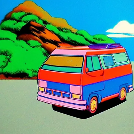 Image similar to campervan near the ocean, 80's anime style