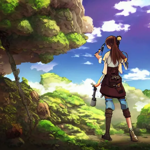 Prompt: girl with steampunk weapons and a steampunk prosthetic left arm, studio ghibli, anime, extremely detailed, landscape background, waterfall, trees, clouds, sky, cinematic lighting,