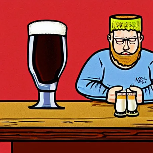 Prompt: A pint of beer sitting on a bar as painted by Matt Bors