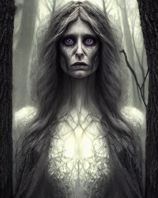 Prompt: gorgeousTaissa Farmiga evil witch, realistic character concept, full body shot, spooky, illustration, symmetrical face and body, realistic eyes, cinematic lighting, hyperdetailed, detailed realistic symmetrical eyes, 8k, high resolution, Charlie Bowater, Tom Bagshaw, single face, insanely detailed and intricate, beautiful, elegant, dark forest and trees, vfx, postprocessing