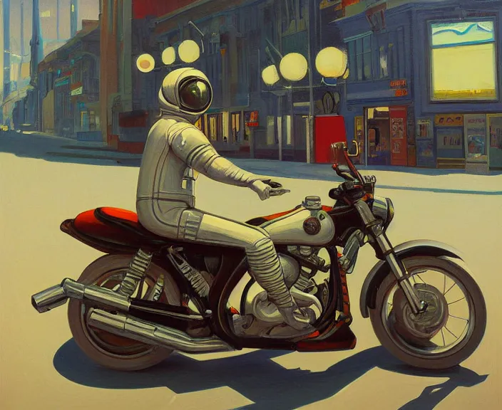 Image similar to a very detailed painting of a astronaut wearing a suit, riding a motorbike down a street, harley davidson motorbike, worm's - eye view, very fine brush strokes, very aesthetic, very futuristic, in the style of edward hopper and grant wood and syd mead, 4 k,