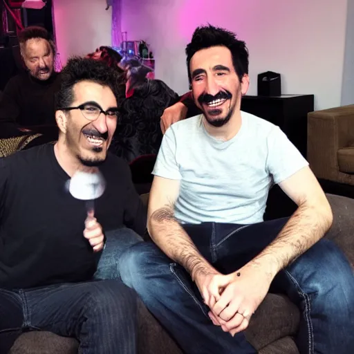 Prompt: serj tankian and markiplier, laughing together