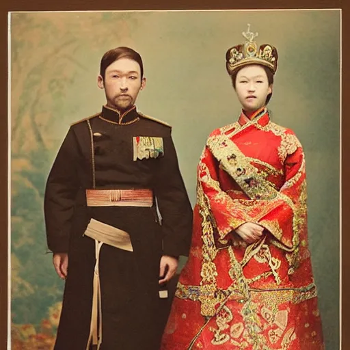 Prompt: a wide full shot, colored russian and japanese mix historical fantasy of a photograph portrait taken of a royal wedding processional ceremony, photographic portrait, warm lighting, 1 9 0 7 photo from the official wedding photographer for the royal wedding.