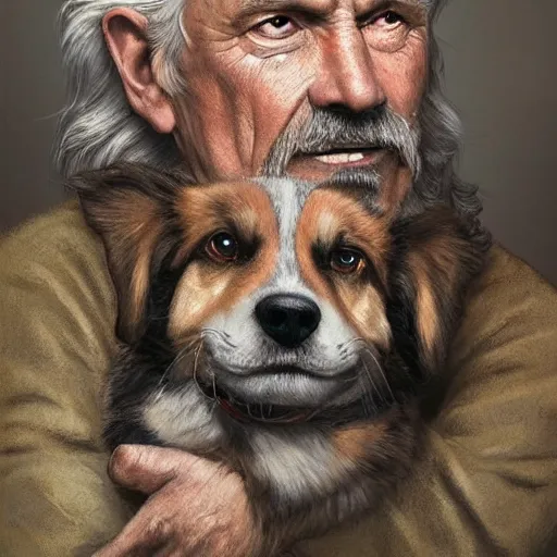 Image similar to portrait of a old, ruggedly handsome man holding a corgi dog, soft hair, muscular, full body, cloth, hairy, d & d, fantasy, intricate, elegant, highly detailed, digital painting, artstation, concept art, smooth, sharp focus, illustration, art by artgerm and greg rutkowski and alphonse mucha