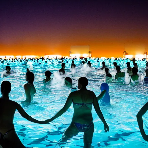 Image similar to swimming diverse groups of humans glowing sea at night, from behind, wide angle, elaborate, highly detailed, beautiful lighting